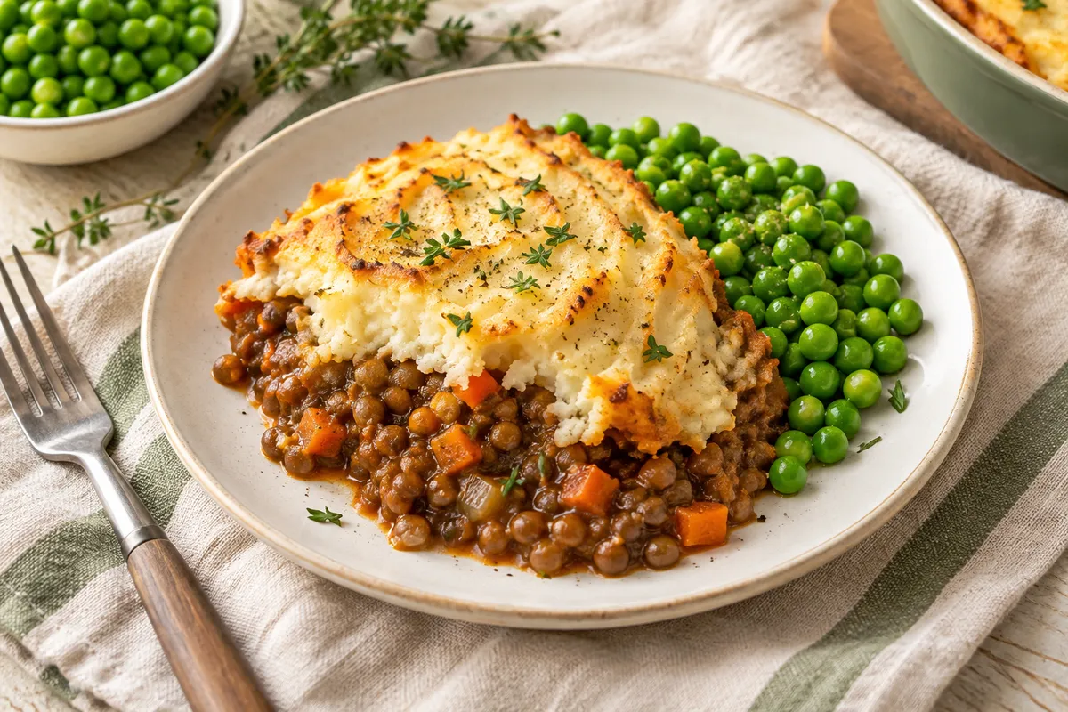 Illustrative lentil shepherd’s pie with peas